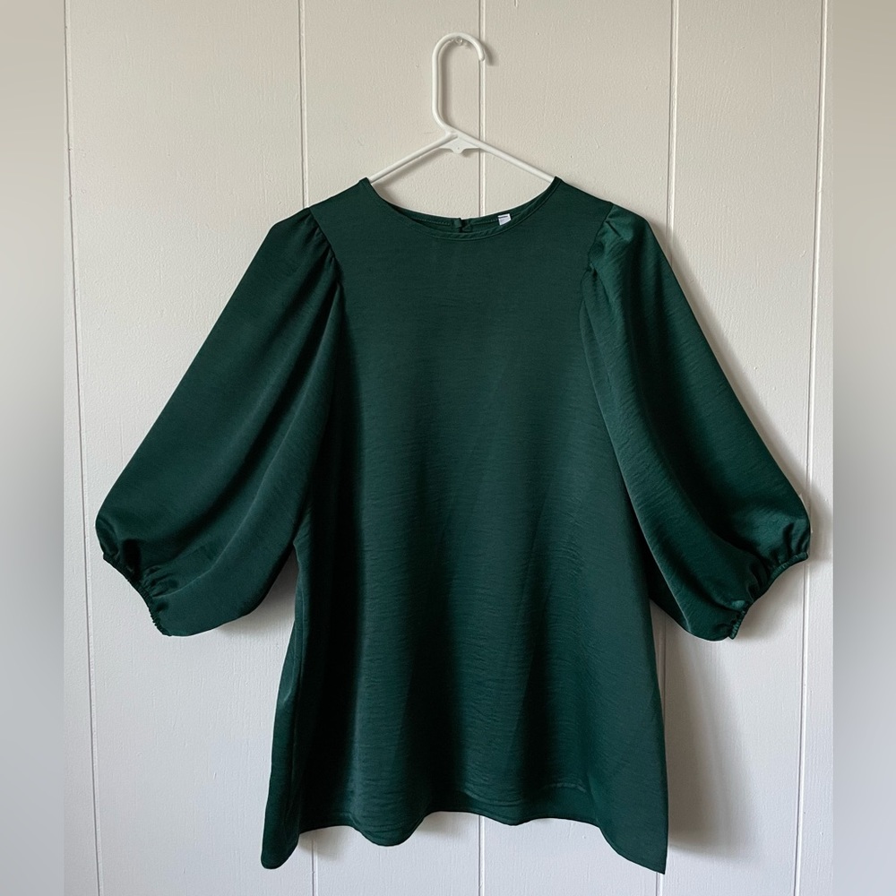 Dark Green Silky Style Look Puff Sleeve Blouse - Picture 2 of 7